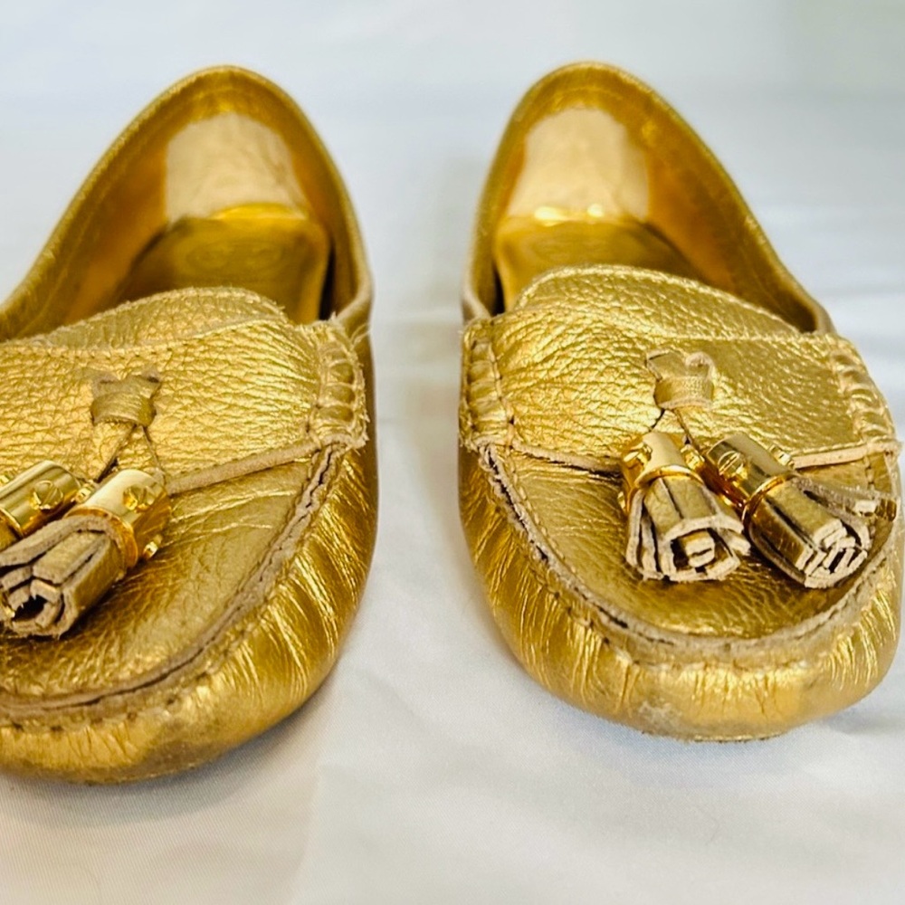 Tory Burch Lawrence Gold Leather Tassel Loafers | Size 8.5 | Fair Condition - Picture 3 of 6